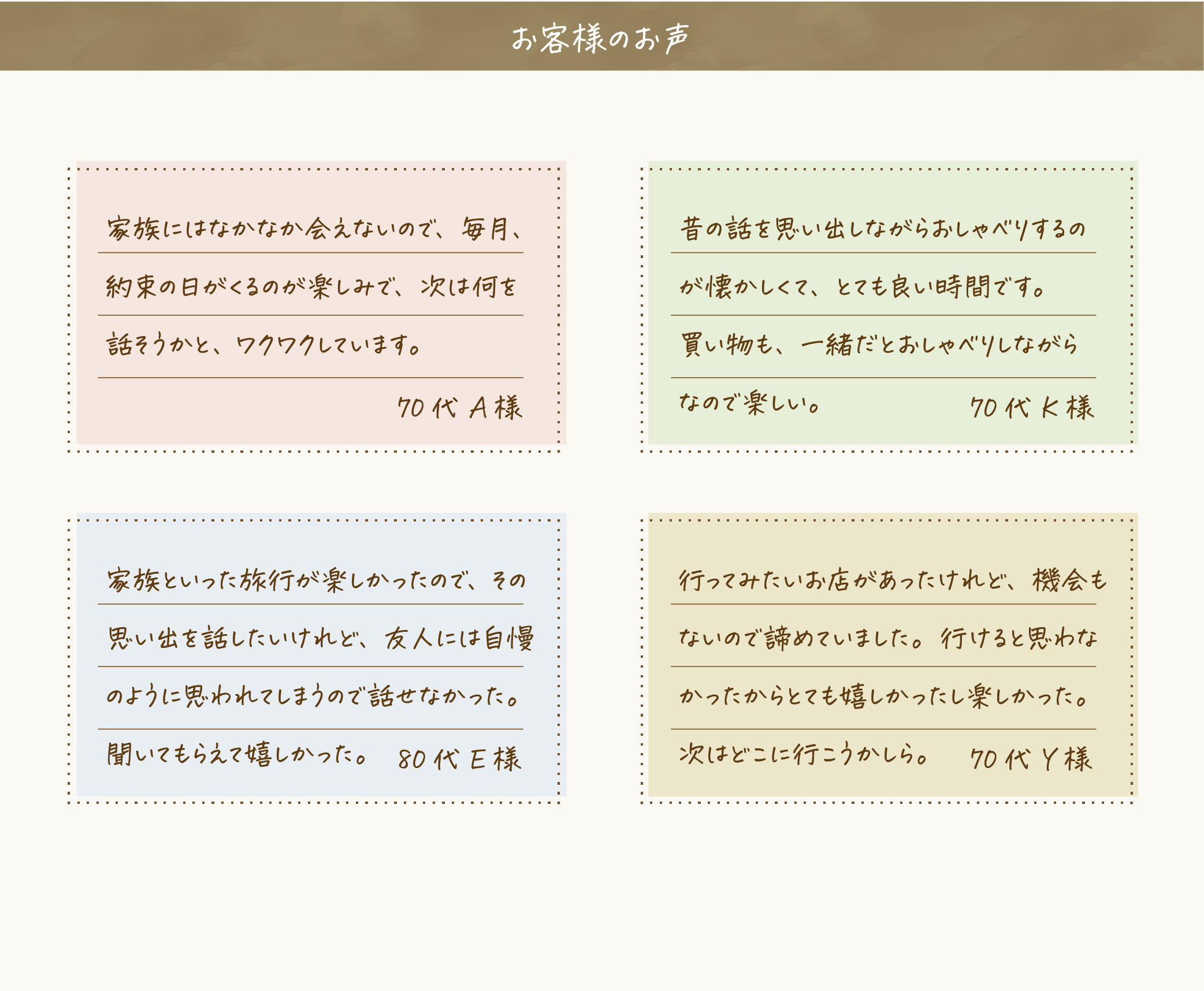 お客様のお声。家族にはなかなか会えないので毎月約束の日がくるのが楽しみです。昔の話を思い出しながらおしゃべりするのが懐かしくて良い時間です。